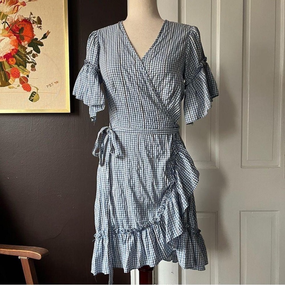 Max Studio Wrap Ruffle Boho Dress Short Sleeve Checks Blue/White Sz XS like new